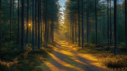 Golden Sunlight Path Through Pine Forest