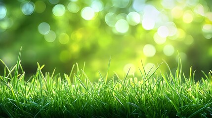 Foto em close de grama verde com fundo de jardim desfocado