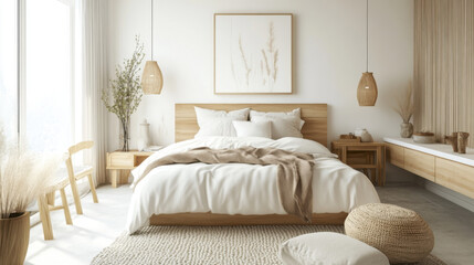 A Scandinavian-inspired bedroom with wooden accents