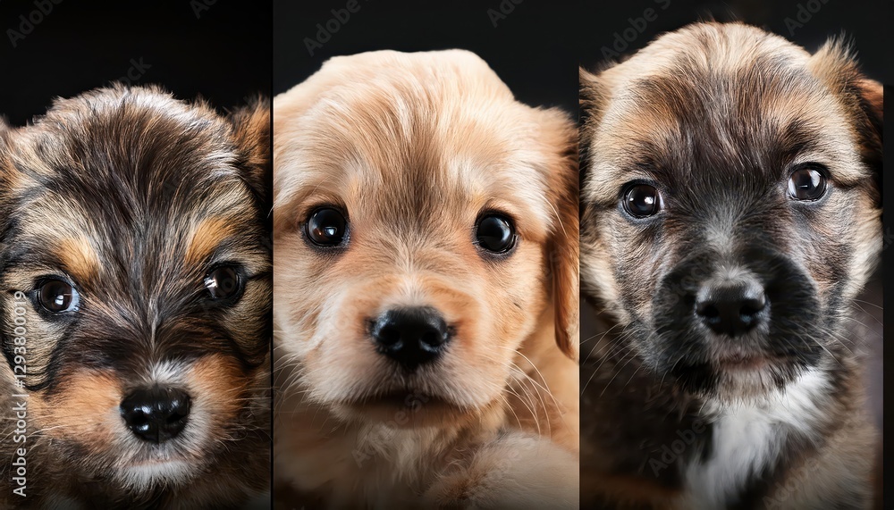 Poster enchanting collection of playful puppies in vibrant surroundings, capturing joy and whimsy with soft