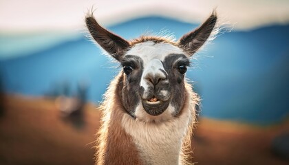 Obraz premium Playful Llama Portrait with a Mischievous Grin, Set Against a Backdrop of Desert Plains and Majestic Mountains, Showcasing the Enchanting Beauty and Spirit of South Americas Highlands.