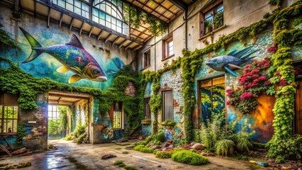 Fototapeta premium Abandoned Urban Building, Overgrown with Nature, Featuring a Triggerfish Mural