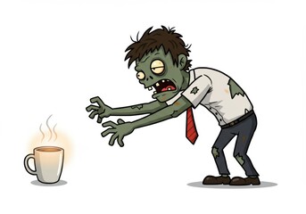 Cartoon zombie in a tattered suit reaching for a steaming coffee cup, symbolizing morning struggle