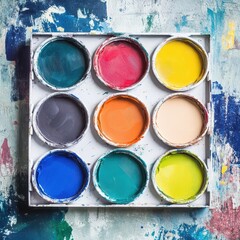 Fototapeta premium Variety of vibrant paints in circular containers