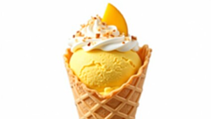Vibrant Mango Soft Serve Ice Cream Cone with Whipped Cream, Sliced Mango, and Caramel Drizzle – Tempting Summer Treat