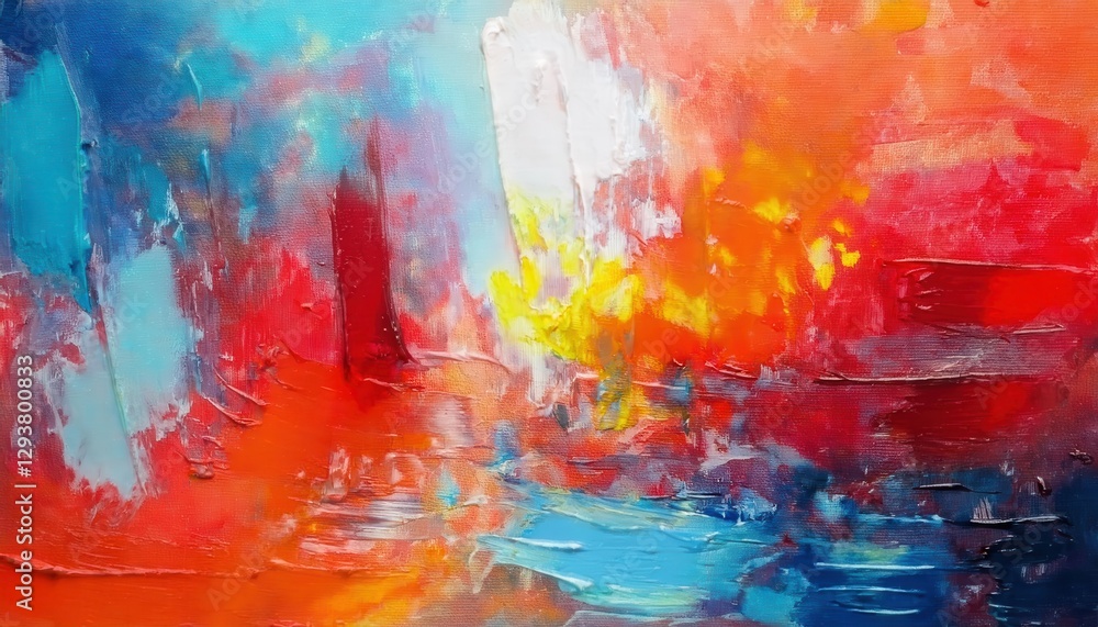 Poster abstract expressionist painting with bold strokes of red, orange, blue, and white highlighting dynam