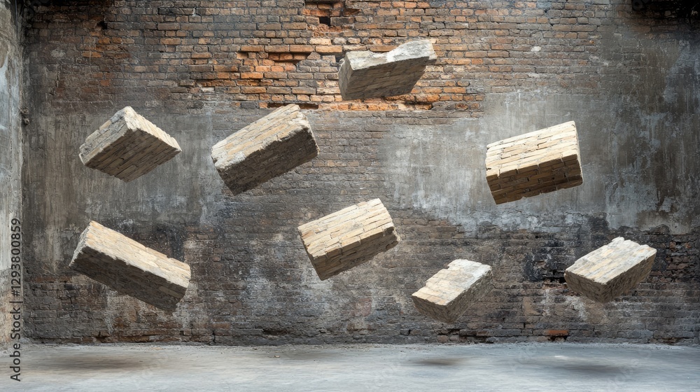 Poster A visually striking image of bricks floating against a rustic brick wall, capturing the essence of motion and depth in a modern architectural context