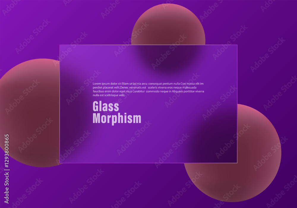 Poster glass morphism display background. composition of frosted transparent plate with spheres. abstract v