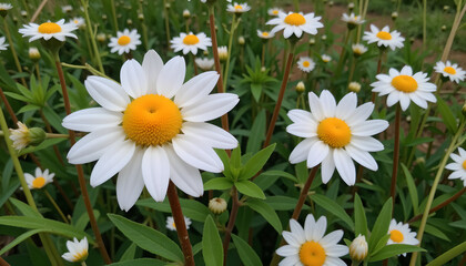Obraz premium White daisies blooming in a green field.