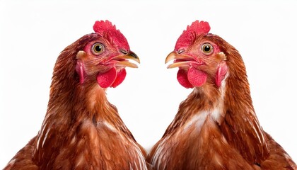 Fototapeta premium Humorous Closeup Portrait of a Strikingly Colored Chicken against a Pure White Background, Showcasing Vibrant Feathers and Amusing Expression in an Engaging Photograph