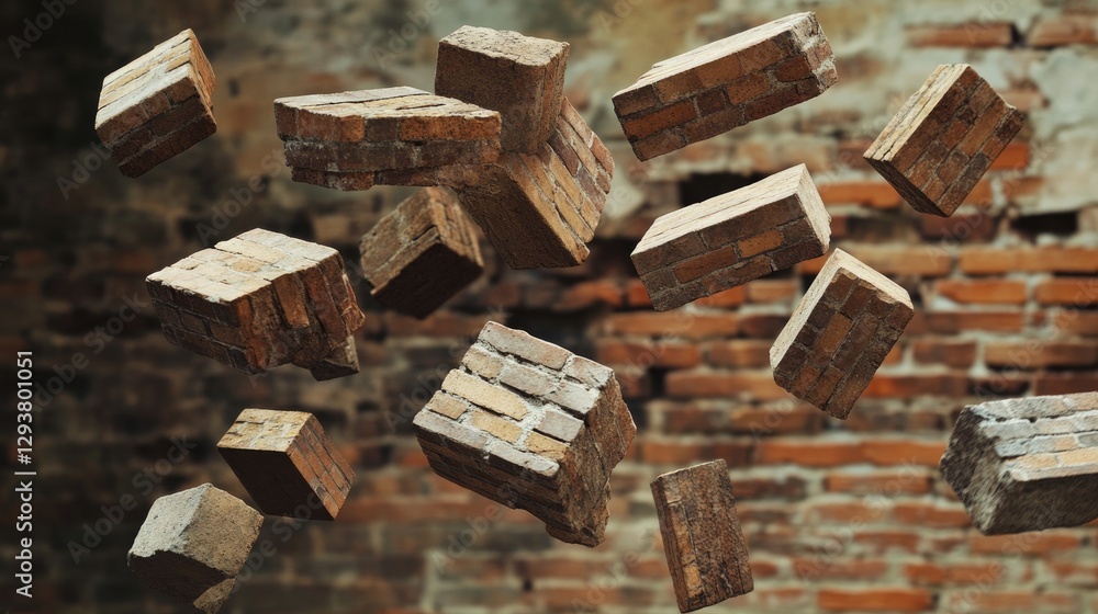 Poster A visually striking image of bricks floating against a rustic brick wall, capturing the essence of motion and depth in a modern architectural context