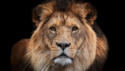 Striking Portrait of a Majestic Black Lion, Showcasing Vivid Facial Details in the Midnight Hour, Evoking a Sense of Power and Regality with Its Glowing Eyes and Rich Fur Textures.