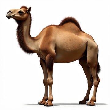 Full height brown camel stands isolated on white studio background. Arabian dromedary desert animal with one hump. Middle East mammal from hot climate. Side view art illustration graphic resource.