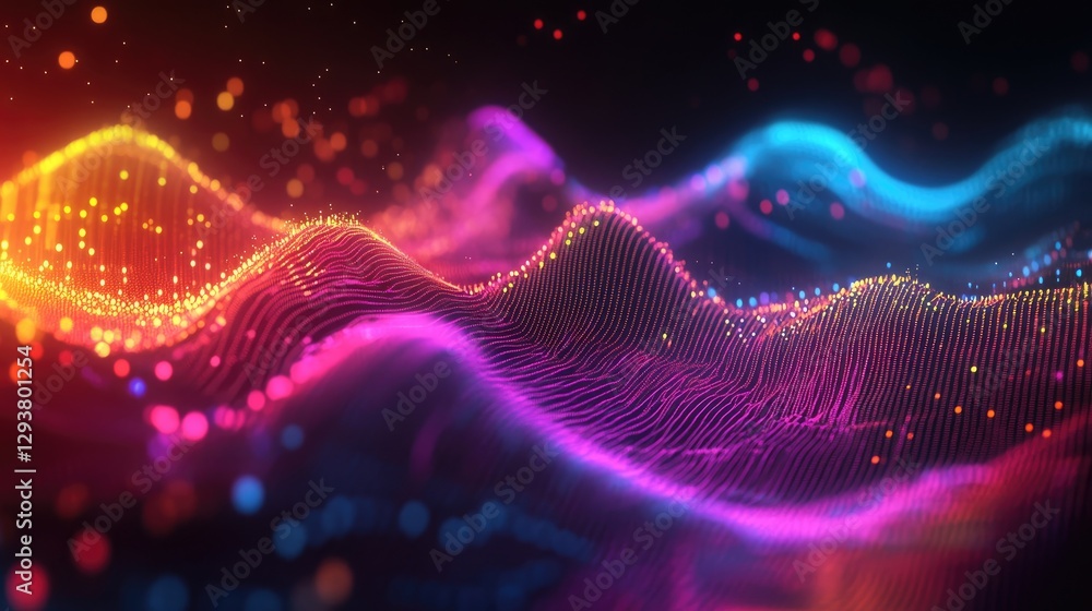 Poster A vivid waveform visualization in a digital environment, showcasing vibrant colors and motion, ideal for tech, music, or data visualization projects