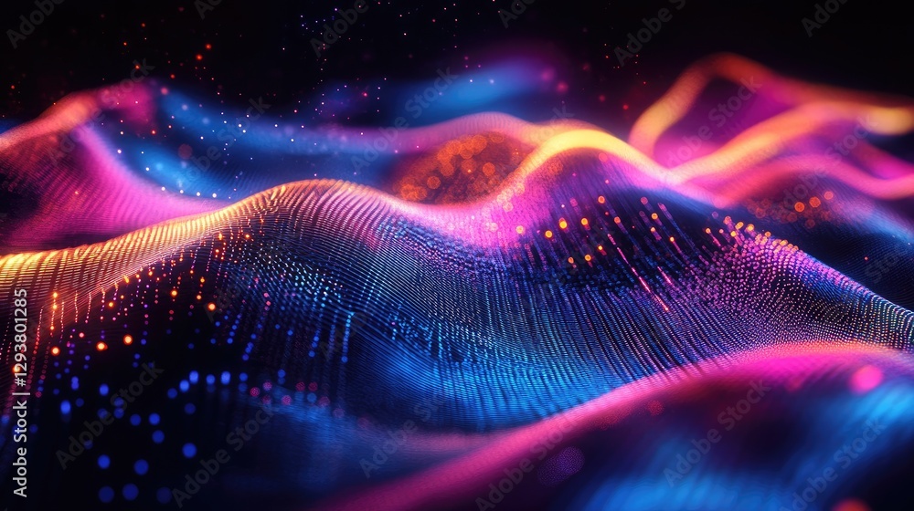 Poster a vivid waveform visualization in a digital environment, showcasing vibrant colors and motion, ideal