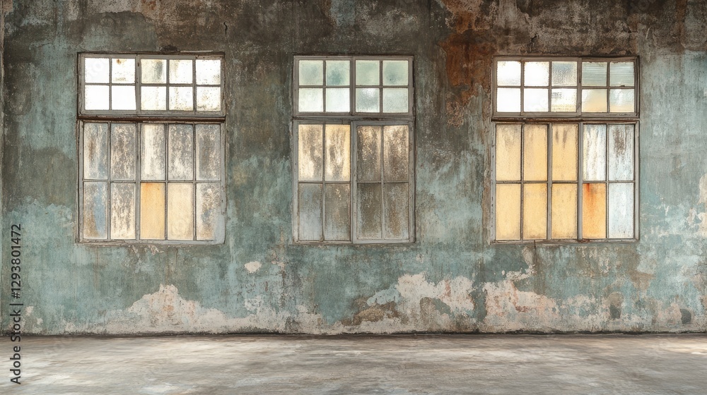 Aufkleber A weathered textured wall with wide panoramic windows, ideal for placing text or graphics, creating a rustic and spacious atmosphere