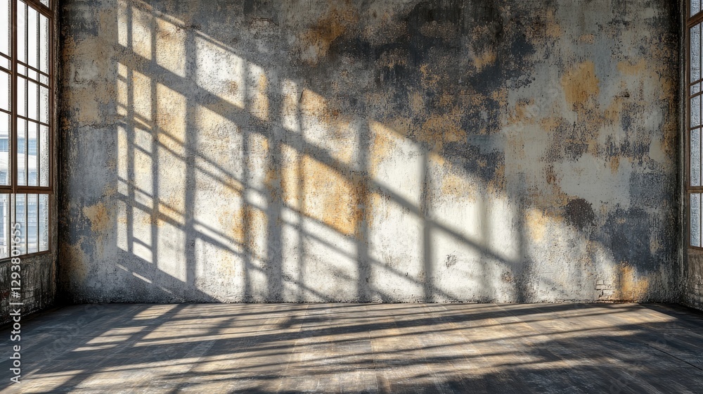 Poster A weathered textured wall with wide panoramic windows, ideal for placing text or graphics, creating a rustic and spacious atmosphere