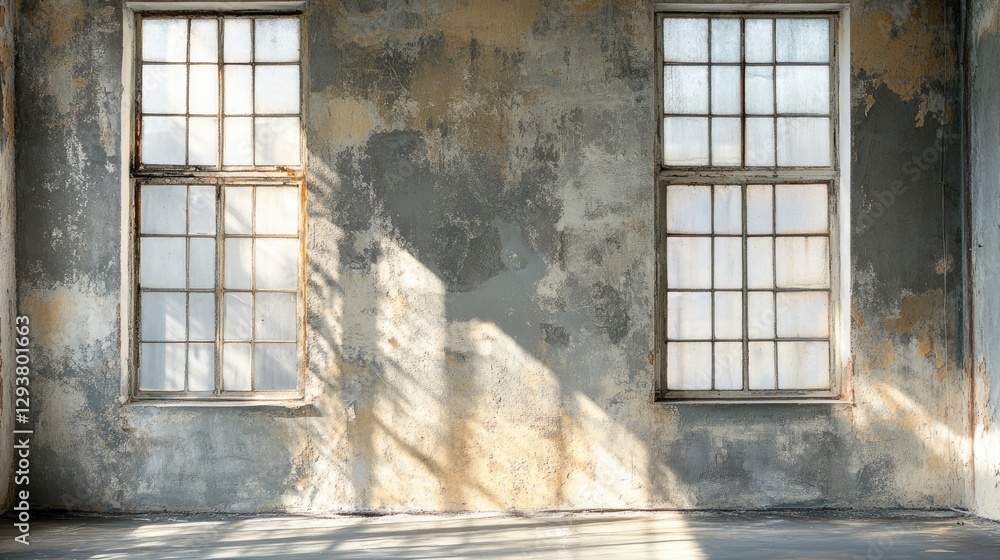 Poster A weathered textured wall with wide panoramic windows, ideal for placing text or graphics, creating a rustic and spacious atmosphere