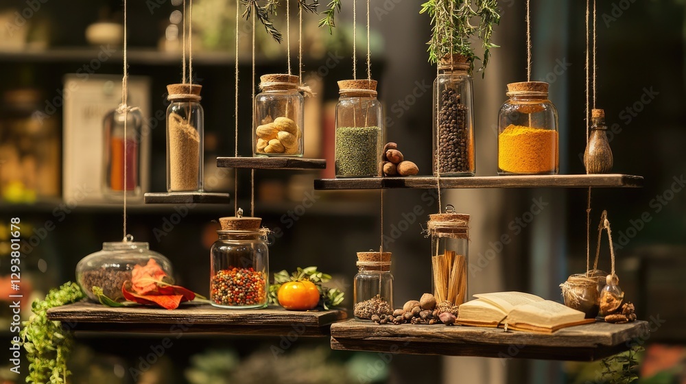 Poster A whimsical cookbook display with suspended spices and ingredients, creating an imaginative and unique visual