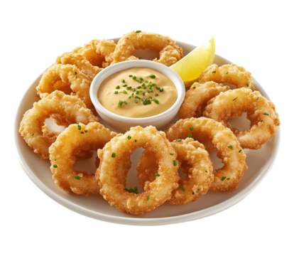 Crispy fried calamari with creamy dipping sauce isolated on transparent background