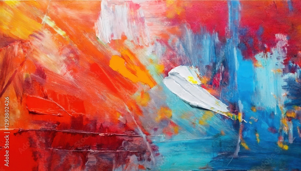 Poster abstract expressionist painting with bold strokes of red, orange, blue, and white highlighting dynam