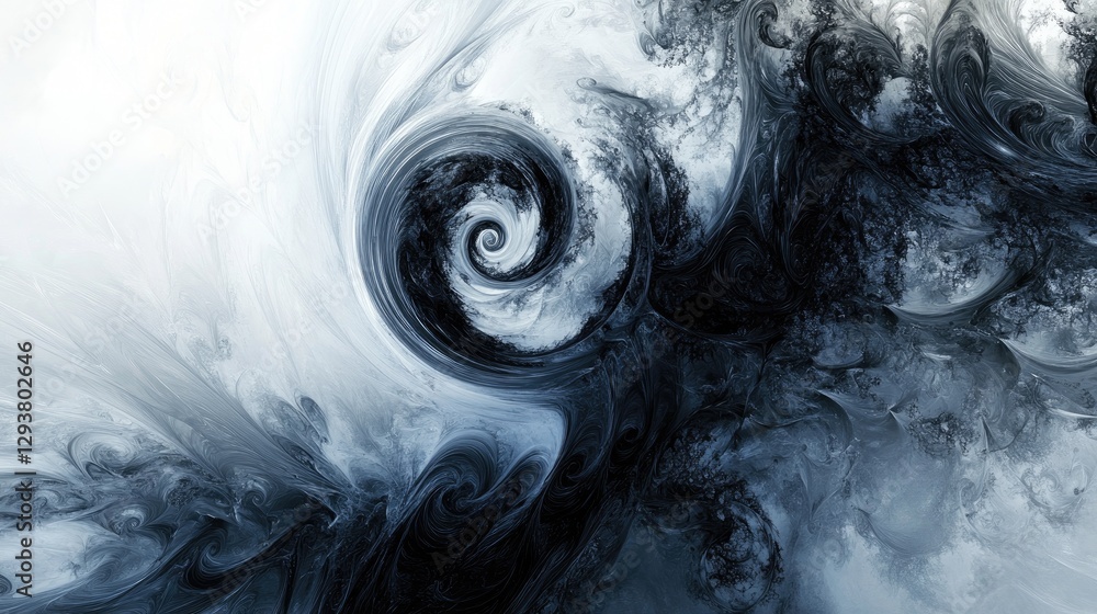 Poster Abstract dark swirl of shapes and patterns, swirling across a white background, creating a dynamic and artistic design