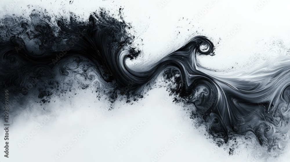 Poster Abstract dark swirl of shapes and patterns, swirling across a white background, creating a dynamic and artistic design