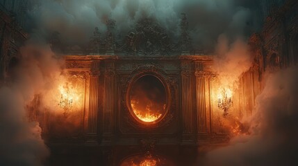 Obraz premium Ornate Ruins, Fiery Portal, Smoky Palace