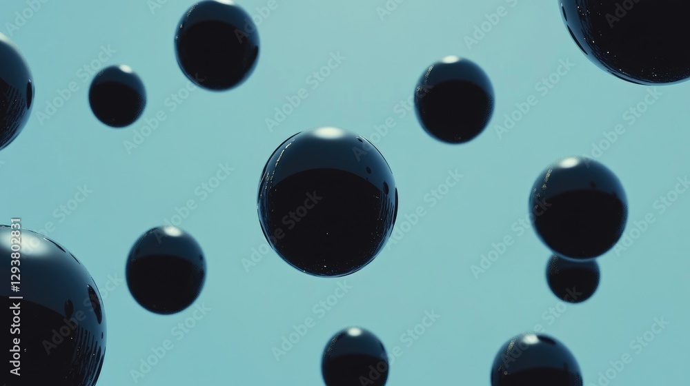 Aufkleber abstract floating black spheres against a serene blue backdrop, evoking depth and calmness, ideal fo