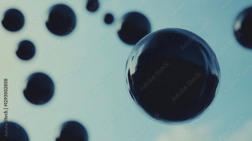 Poster abstract floating black spheres against a serene blue backdrop, evoking depth and calmness, ideal fo