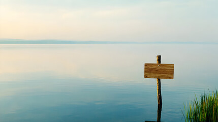 A wooden signpost stands in the still waters of a calm lake, reflecting the soft hues of the sky. This minimalist nature image is great for backgrounds and concepts. Selective focus