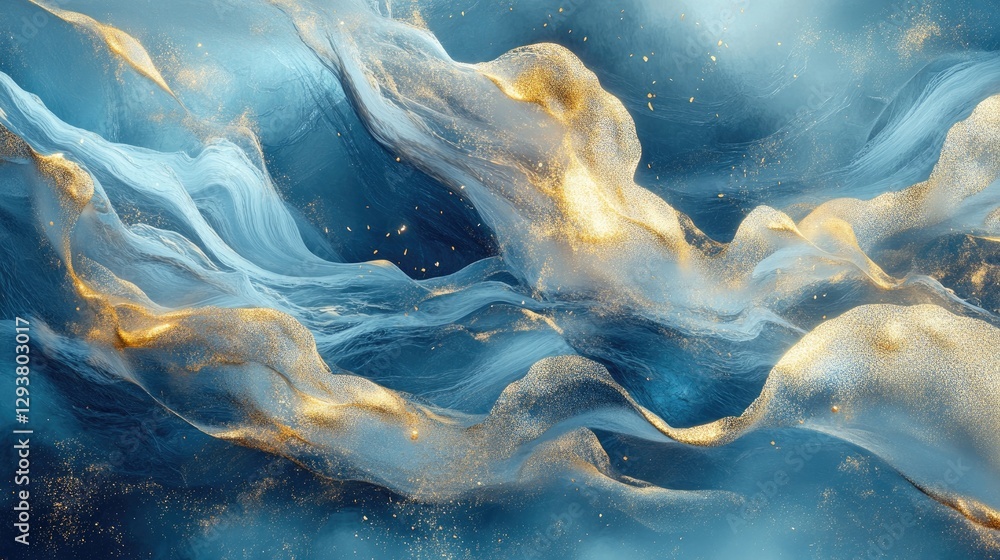 Poster abstract image of a digital landscape with a flowing design in blue and gold hues, evoking a sense o