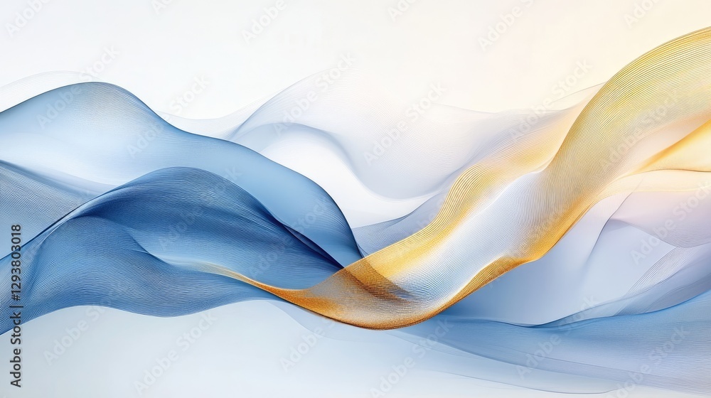 Poster abstract image of a digital landscape with a flowing design in blue and gold hues, evoking a sense o