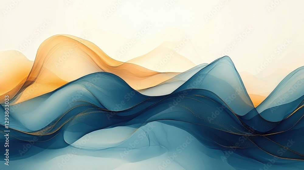 Poster abstract image of a digital landscape with a flowing design in blue and gold hues, evoking a sense o