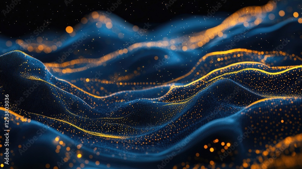 Poster abstract image of a digital landscape with a flowing design in blue and gold hues, evoking a sense o