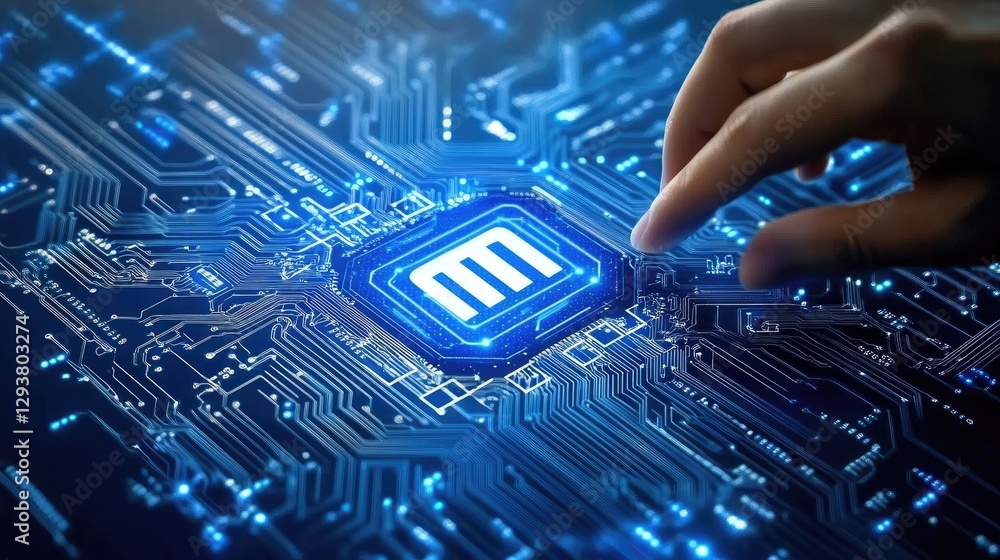Poster AI and machine learning concept with a man touching a glowing AI icon on an electronic circuit, showcasing futuristic technology