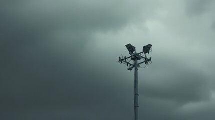 A high-tech weather station collecting data during a severe thunderstorm,