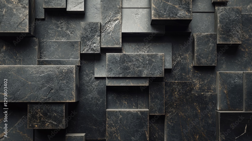 Poster an abstract composition featuring black geometric stone shapes with intricate textures and dramatic 