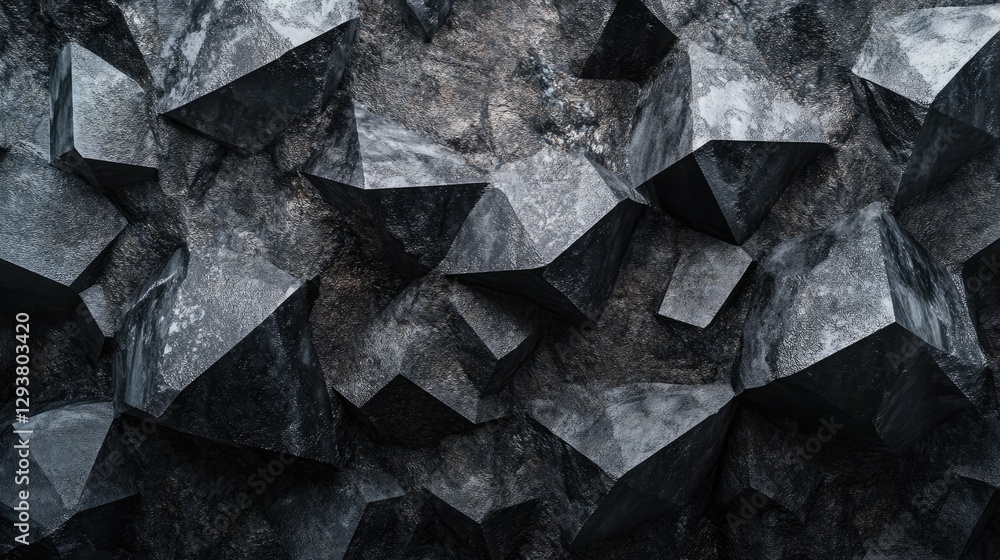 Poster an abstract composition featuring black geometric stone shapes with intricate textures and dramatic 