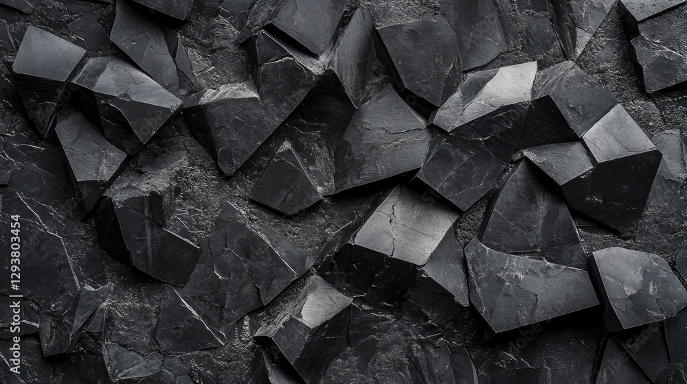 Poster an abstract composition featuring black geometric stone shapes with intricate textures and dramatic 