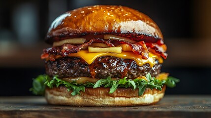 Stylish food photography of a sweet-and-savory gourmet burger in studio setting, stacked layers of beef patty, crispy bacon, melted cheddar, caramelized apples, maple syrup glaze, lettuce,
