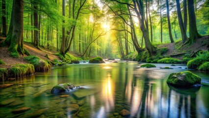 Obraz premium Gentle water flows through the serene forest, creating a peaceful atmosphere