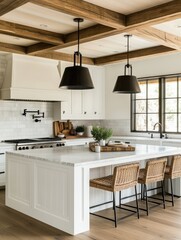 A contemporary kitchen with elegant pendant lights and stylish decor
