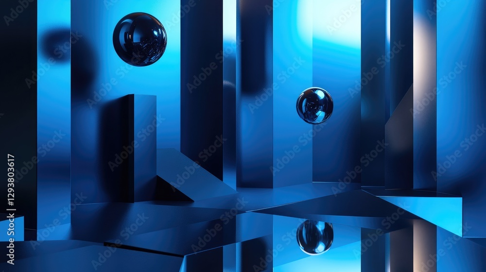 Poster an artistic abstract composition of floating spheres and sharp geometric shapes, set in a sleek blue