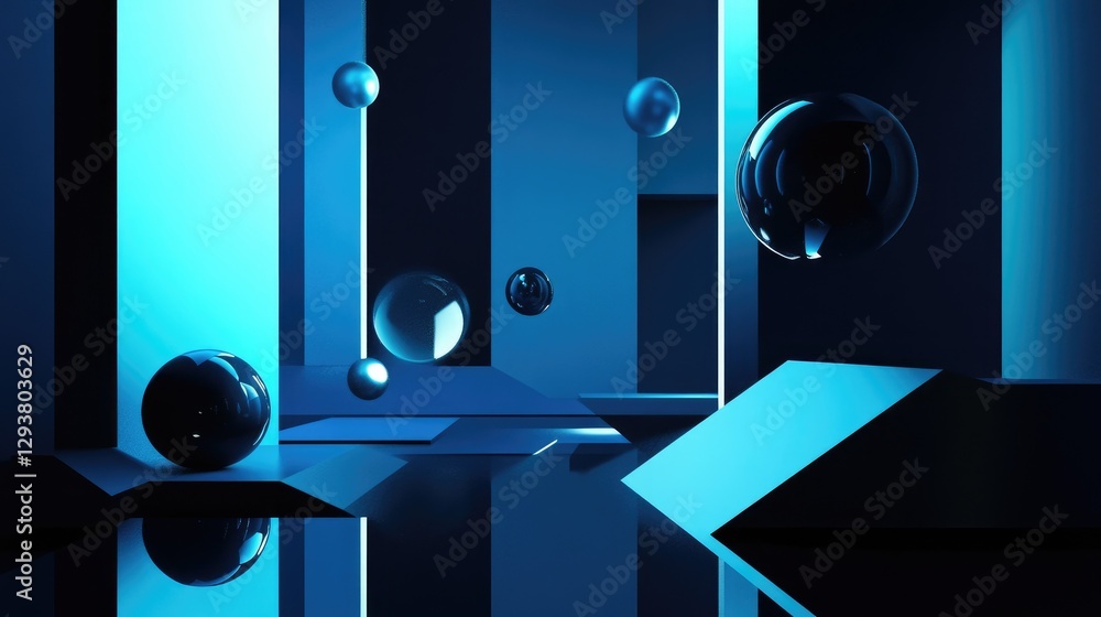 Poster an artistic abstract composition of floating spheres and sharp geometric shapes, set in a sleek blue