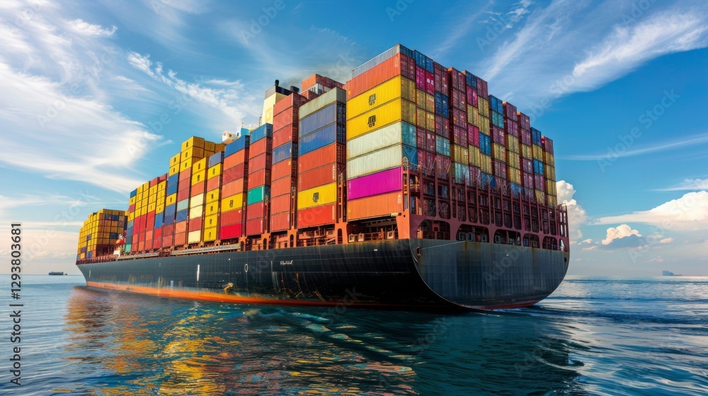 Poster a large container ship moves smoothly through tranquil waters, filled with colorful cargo containers