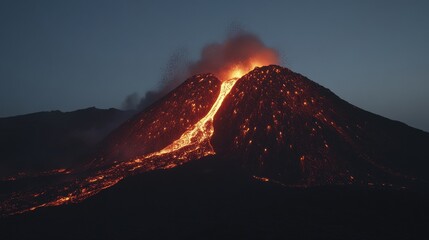 A dramatic sunset over an erupting volcano, glowing lava cascading down the slopes,