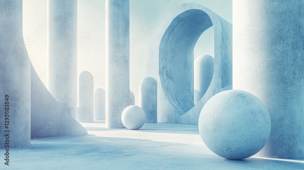 Poster An artistic arrangement of spheres and cylindrical forms in a calming, cool-toned environment, capturing depth and tranquility with a touch of modern flair for design work