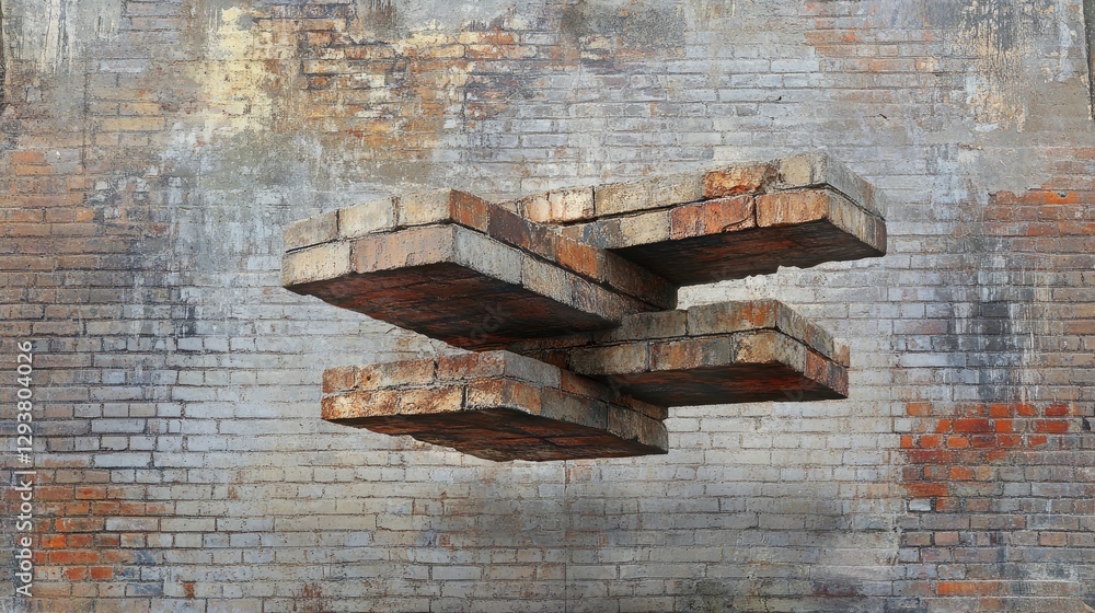 Aufkleber An artistic shot of floating bricks suspended against a rustic brick wall, capturing the illusion of movement and three-dimensionality in architecture