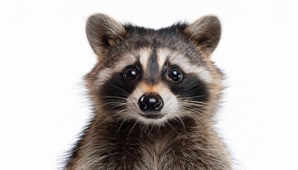 Funny, Cute Raccoon Portrait on White Background, Showcasing Playful Expressions and Adorable Fur Textures in a Closeup Isolation, Perfect for Digital Art, Home Decor, or Design Inspiration.